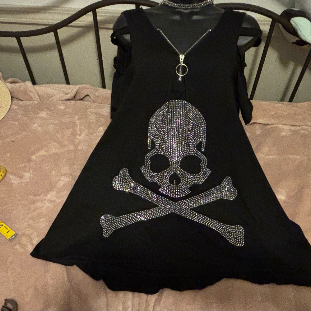 Black Sleeveless Dress with Silver Sequin Skull